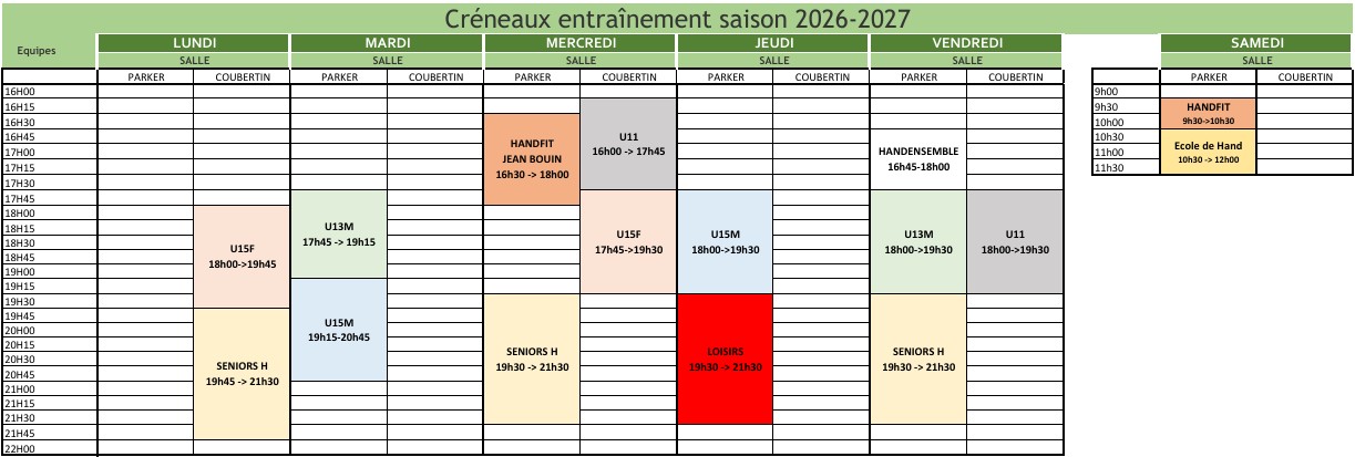 USFHB_PLannings Entrainements 2026